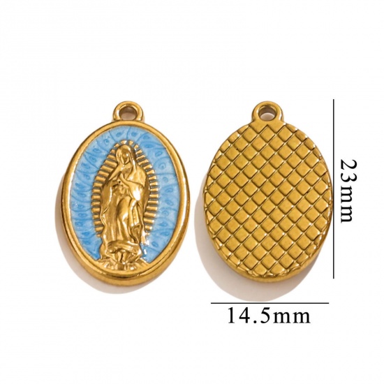Image de 1 Pièce Breloques en 304 Acier Inoxydable Placage sous Vide Religieux Ovale Plaqué Or 18K Bleu Perlaire Sainte Vierge Marie Émail 23mm x 14.5mm