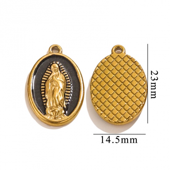 Image de 1 Pièce Breloques en 304 Acier Inoxydable Placage sous Vide Religieux Ovale Plaqué Or 18K Noir Sainte Vierge Marie Émail 23mm x 14.5mm