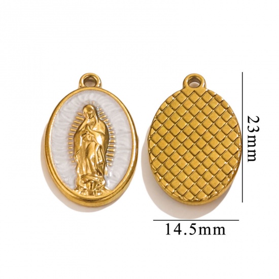 Image de 1 Pièce Breloques en 304 Acier Inoxydable Placage sous Vide Religieux Ovale Plaqué Or 18K Blanc Perlaire Sainte Vierge Marie Émail 23mm x 14.5mm