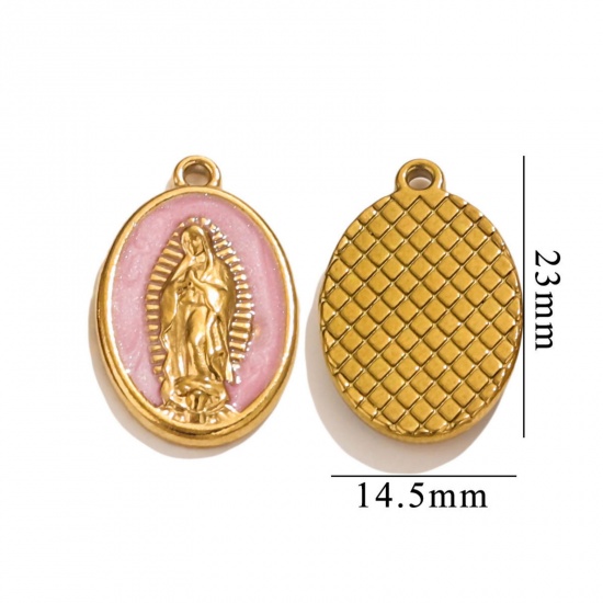 Image de 1 Pièce Breloques en 304 Acier Inoxydable Placage sous Vide Religieux Ovale Plaqué Or 18K Rose Perlaire Sainte Vierge Marie Émail 23mm x 14.5mm