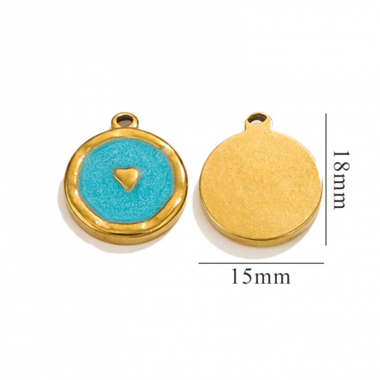 Picture of 1 Piece Vacuum Plating 304 Stainless Steel Valentine's Day Charms 18K Gold Plated Blue Pearlized Round Heart Enamel 17mm x 14mm