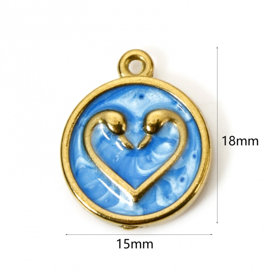 Picture of 1 Piece Vacuum Plating 304 Stainless Steel Valentine's Day Charms 18K Gold Plated Blue Pearlized Round Heart Enamel 17mm x 14mm