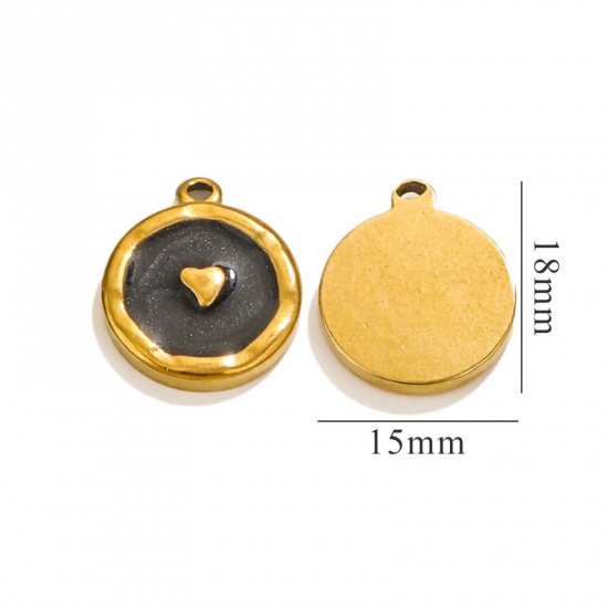 Picture of 1 Piece Vacuum Plating 304 Stainless Steel Valentine's Day Charms 18K Gold Plated Black Round Heart Enamel 17mm x 14mm