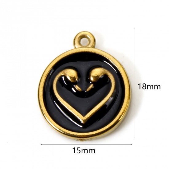 Picture of 1 Piece Vacuum Plating 304 Stainless Steel Valentine's Day Charms 18K Gold Plated Black Round Heart Enamel 17mm x 14mm