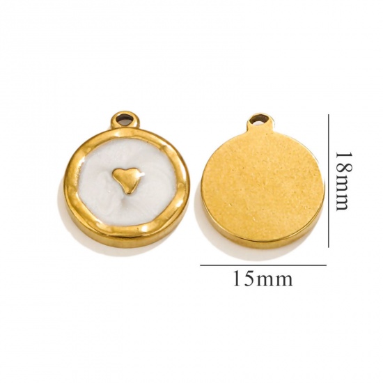 Picture of 1 Piece Vacuum Plating 304 Stainless Steel Valentine's Day Charms 18K Gold Plated White Pearlized Round Heart Enamel 17mm x 14mm