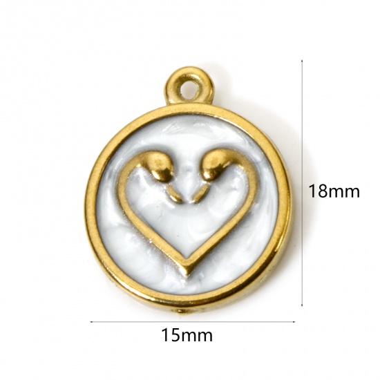 Picture of 1 Piece Vacuum Plating 304 Stainless Steel Valentine's Day Charms 18K Gold Plated White Pearlized Round Heart Enamel 17mm x 14mm