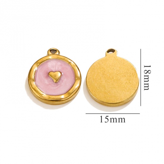 Picture of 1 Piece Vacuum Plating 304 Stainless Steel Valentine's Day Charms 18K Gold Plated Pink Pearlized Round Heart Enamel 17mm x 14mm