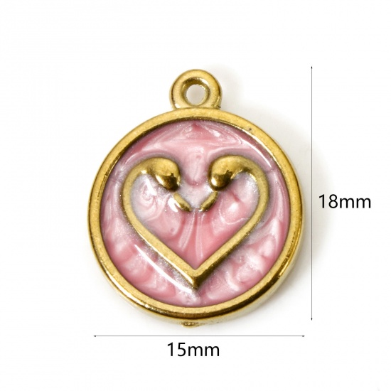 Picture of 1 Piece Vacuum Plating 304 Stainless Steel Valentine's Day Charms 18K Gold Plated Pink Pearlized Round Heart Enamel 17mm x 14mm