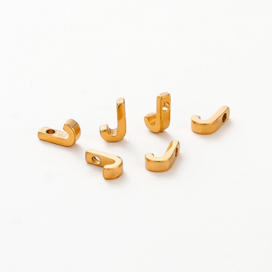 Image de 5 Pcs Breloques en 304 Acier Inoxydable Placage sous Vide Mini Plaqué Or 18K Alphabet Initial/ Lettre Majuscule Gravé Mots" J " Brunissage au Rouleau 10mm x 6mm