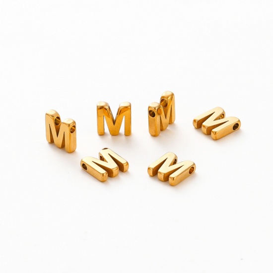Image de 5 Pcs Breloques en 304 Acier Inoxydable Placage sous Vide Mini Plaqué Or 18K Alphabet Initial/ Lettre Majuscule Gravé Mots" M " Brunissage au Rouleau 9.5mm x 9mm