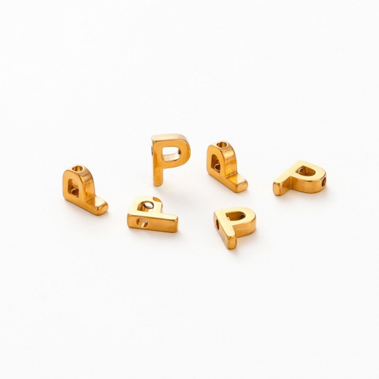 Image de 5 Pcs Breloques en 304 Acier Inoxydable Placage sous Vide Mini Plaqué Or 18K Alphabet Initial/ Lettre Majuscule Gravé Mots" P " Brunissage au Rouleau 9.5mm x 7mm