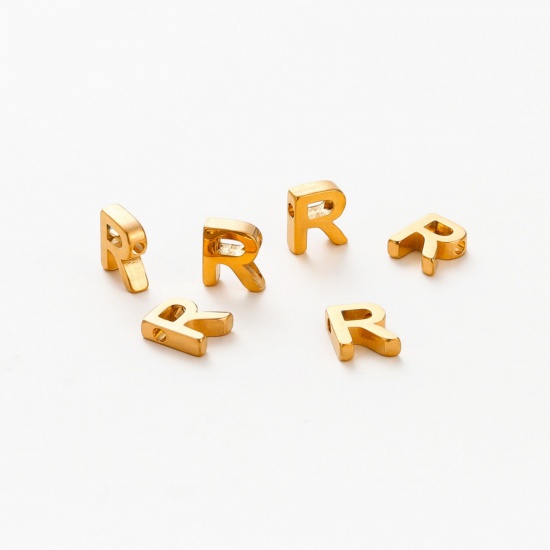 Image de 5 Pcs Breloques en 304 Acier Inoxydable Placage sous Vide Mini Plaqué Or 18K Alphabet Initial/ Lettre Majuscule Gravé Mots" R " Brunissage au Rouleau 9mm x 8mm