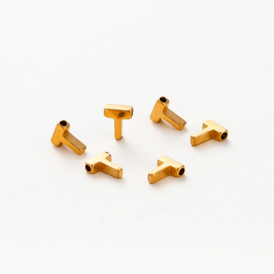 Image de 5 Pcs Breloques en 304 Acier Inoxydable Placage sous Vide Mini Plaqué Or 18K Alphabet Initial/ Lettre Majuscule Gravé Mots" T " Brunissage au Rouleau 9.5mm x 7.5mm