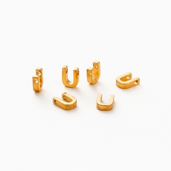 Image de 5 Pcs Breloques en 304 Acier Inoxydable Placage sous Vide Mini Plaqué Or 18K Alphabet Initial/ Lettre Majuscule Gravé Mots" U " Brunissage au Rouleau 10mm x 7mm