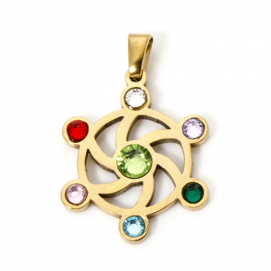 Image de 1 Pièce Pendentifs en 304 Acier Inoxydable Placage sous Vide Yoga Rond Plaqué Or 18K Spiral Creux à Strass Coloré 3cm x 2cm
