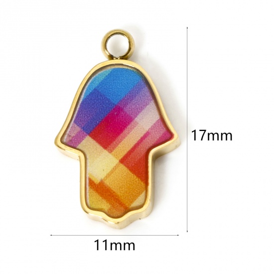 Picture of 1 Piece Vacuum Plating 304 Stainless Steel Religious Charms 18K Gold Plated Multicolor Hamsa Symbol Hand Enamel 17mm x 11mm