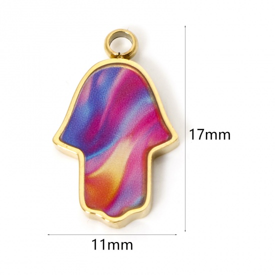 Picture of 1 Piece Vacuum Plating 304 Stainless Steel Religious Charms 18K Gold Plated Multicolor Hamsa Symbol Hand Enamel 17mm x 11mm