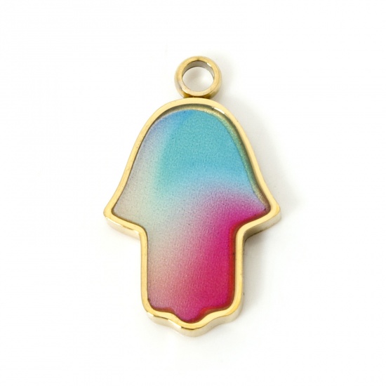 Picture of 1 Piece Vacuum Plating 304 Stainless Steel Religious Charms 18K Gold Plated Multicolor Gradient Color Hamsa Symbol Hand Enamel 17mm x 11mm