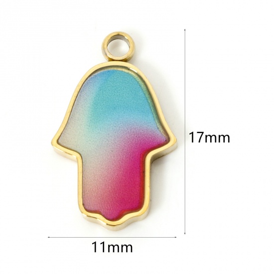 Picture of 1 Piece Vacuum Plating 304 Stainless Steel Religious Charms 18K Gold Plated Multicolor Gradient Color Hamsa Symbol Hand Enamel 17mm x 11mm