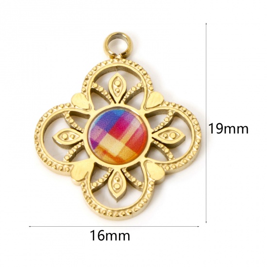 1 Piece Vacuum Plating 304 Stainless Steel Pendants 18K Gold Plated Multicolor Flower Enamel 19mm x 16mm の画像