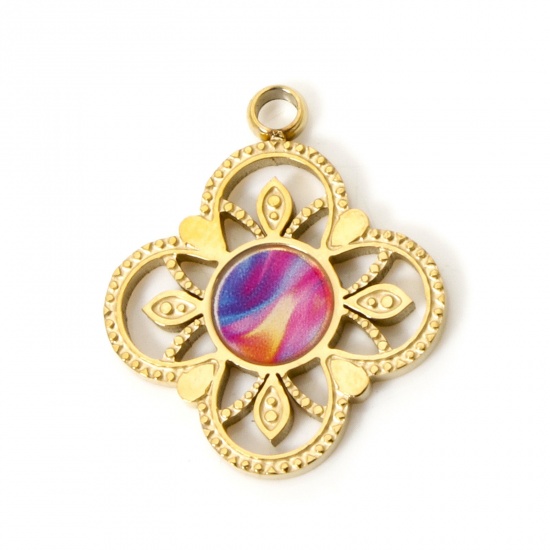 Picture of 1 Piece Vacuum Plating 304 Stainless Steel Charms 18K Gold Plated Multicolor Flower Enamel 19mm x 16mm