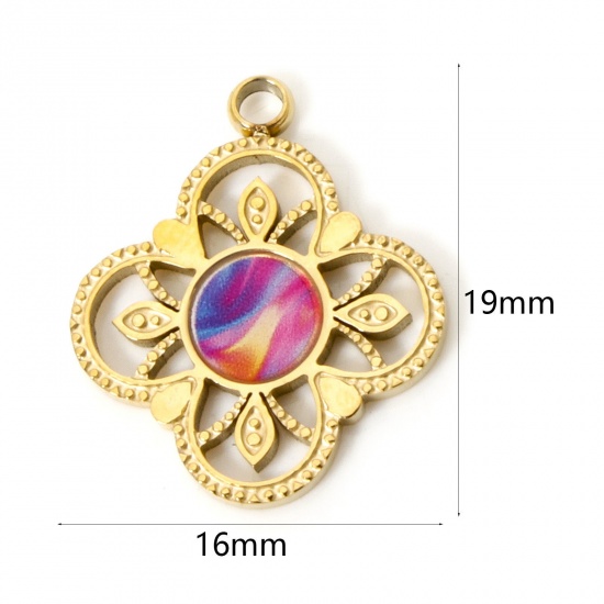 Picture of 1 Piece Vacuum Plating 304 Stainless Steel Charms 18K Gold Plated Multicolor Flower Enamel 19mm x 16mm