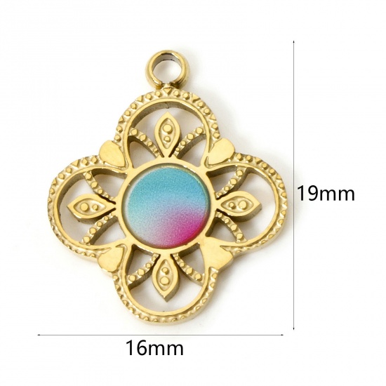 Picture of 1 Piece Vacuum Plating 304 Stainless Steel Charms 18K Gold Plated Multicolor Gradient Color Flower Enamel 19mm x 16mm