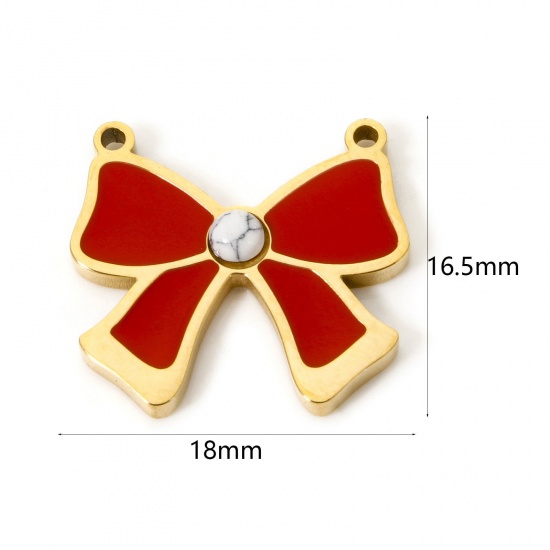 Bild von 1 Stück 304 Edelstahl Kleidung Steckverbinder Charms Anhänger Schleife 18K Vergoldet Rot Emaille 18mm x 16.5mm