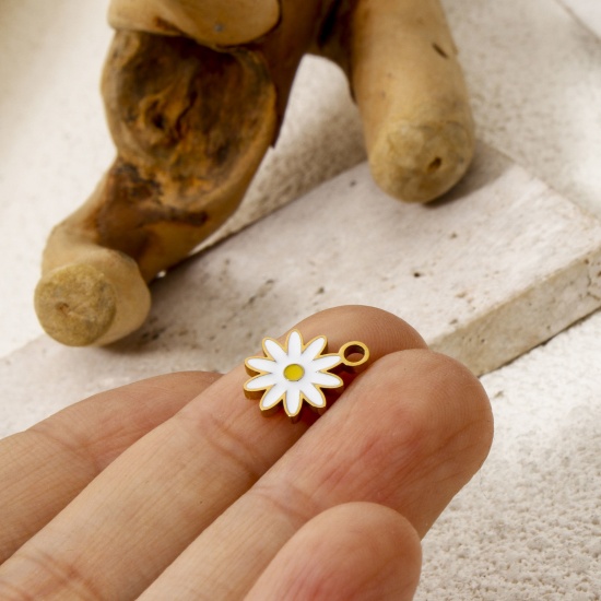 Picture of 1 Piece Vacuum Plating 304 Stainless Steel Mini Charms 18K Gold Plated White Daisy Flower Enamel 11.5mm x 9mm