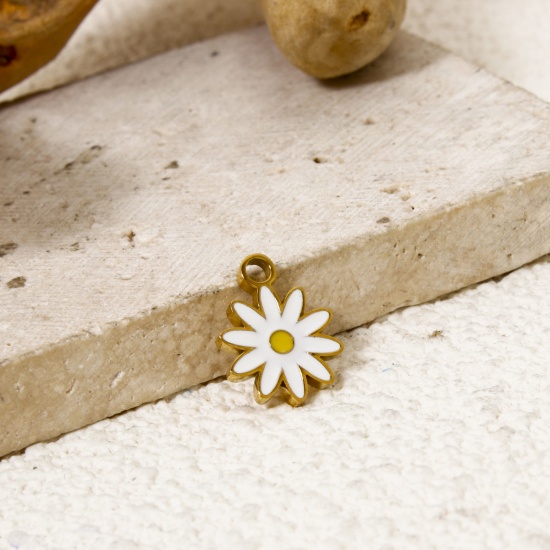 Picture of 1 Piece Vacuum Plating 304 Stainless Steel Mini Charms 18K Gold Plated White Daisy Flower Enamel 11.5mm x 9mm