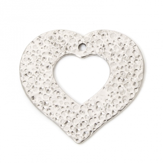 Picture of 2 PCs 304 Stainless Steel Valentine's Day Pendants Silver Tone Heart Texture 3cm x 3cm