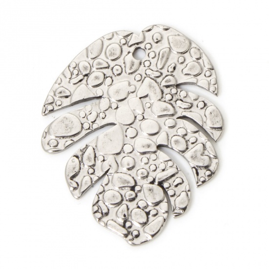 Picture of 2 PCs 304 Stainless Steel Pendants Silver Tone Monstera Leaf Texture 3.1cm x 2.5cm