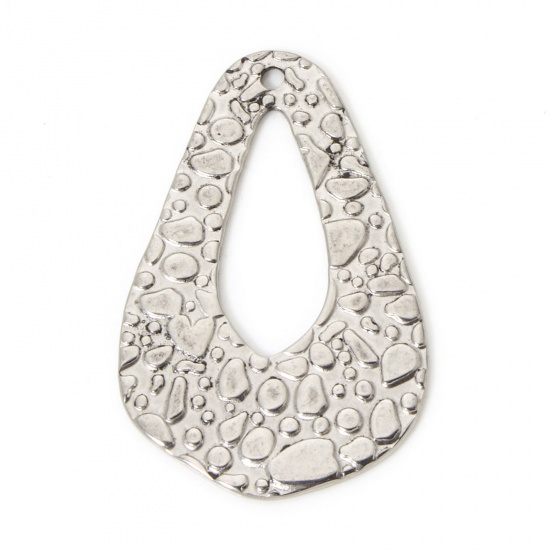 Picture of 2 PCs 304 Stainless Steel Pendants Silver Tone Drop Texture 3.4cm x 2.2cm