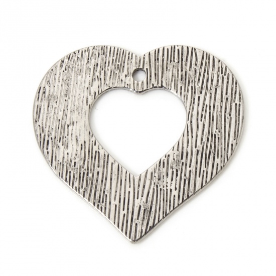 2 PCs 304 Stainless Steel Pendants Silver Tone Heart Stripe 3cm x 3cm の画像