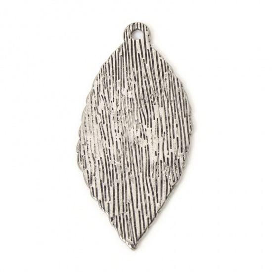 Picture of 2 PCs 304 Stainless Steel Pendants Silver Tone Leaf Stripe 3.7cm x 1.8cm