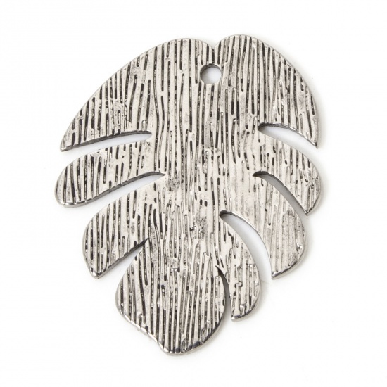 Picture of 2 PCs 304 Stainless Steel Pendants Silver Tone Monstera Leaf Stripe 3.1cm x 2.5cm