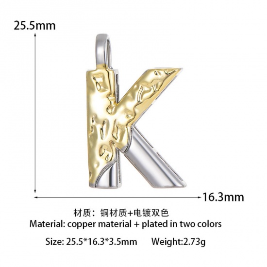 Изображение 1 ШТ Латунь Серия Молотока Подвески прописная буква 14K позолоченный & Платиновым покрытием Двухцветный Сообщение K " 25.5мм x 16.3мм