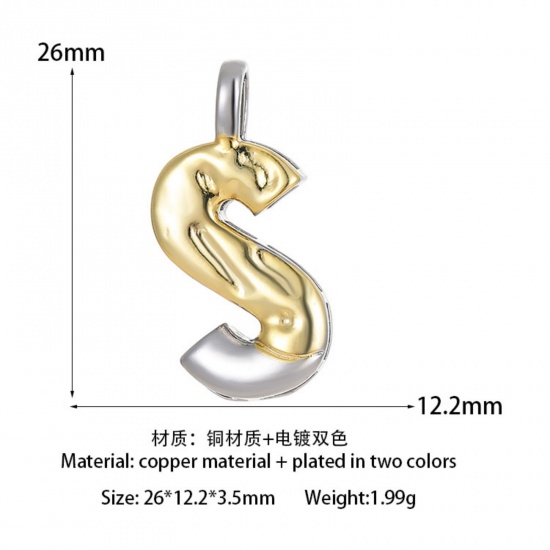 Изображение 1 ШТ Латунь Серия Молотока Подвески прописная буква 14K позолоченный & Платиновым покрытием Двухцветный Сообщение S " 26мм x 12.2мм