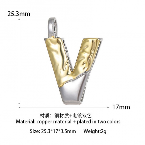 Изображение 1 ШТ Латунь Серия Молотока Подвески прописная буква 14K позолоченный & Платиновым покрытием Двухцветный Сообщение V " 25.3мм x 17мм