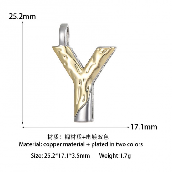Изображение 1 ШТ Латунь Серия Молотока Подвески прописная буква 14K позолоченный & Платиновым покрытием Двухцветный Сообщение Y " 25.2мм x 17.1мм