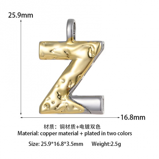 Изображение 1 ШТ Латунь Серия Молотока Подвески прописная буква 14K позолоченный & Платиновым покрытием Двухцветный Сообщение Z " 25.9мм x 16.8мм