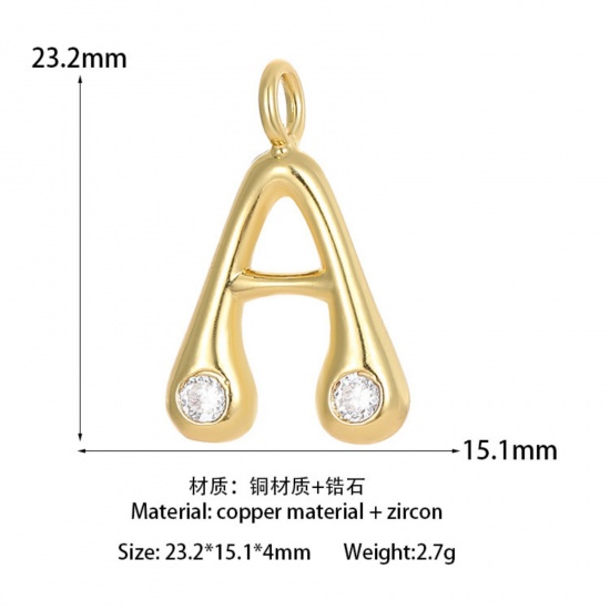 Imagen de 1 Unidad Latón Colgantes Letra Mayúscula Chapado en Oro de 14K Mensaje " A " Claro Circón Artificial 23.2mm x 15.1mm
