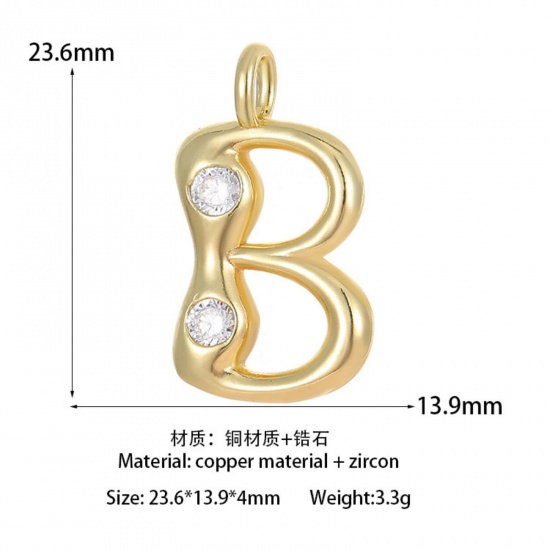 Imagen de 1 Unidad Latón Colgantes Letra Mayúscula Chapado en Oro de 14K Mensaje " B " Claro Circón Artificial 23.6mm x 13.9mm
