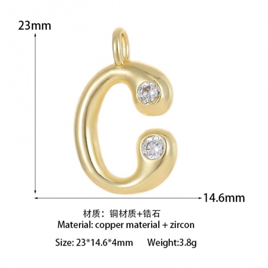 Imagen de 1 Unidad Latón Colgantes Letra Mayúscula Chapado en Oro de 14K Mensaje " C " Claro Circón Artificial 23mm x 14.6mm