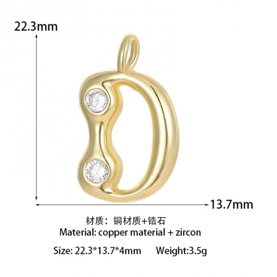 Imagen de 1 Unidad Latón Colgantes Letra Mayúscula Chapado en Oro de 14K Mensaje " D " Claro Circón Artificial 22.3mm x 13.7mm