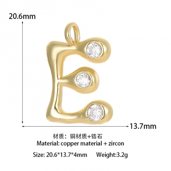 Imagen de 1 Unidad Latón Colgantes Letra Mayúscula Chapado en Oro de 14K Mensaje " E " Claro Circón Artificial 20.6mm x 13.7mm