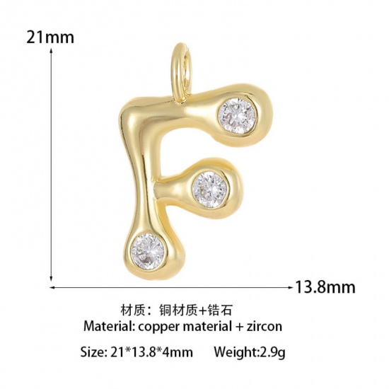 Imagen de 1 Unidad Latón Colgantes Letra Mayúscula Chapado en Oro de 14K Mensaje " F " Claro Circón Artificial 21mm x 13.8mm