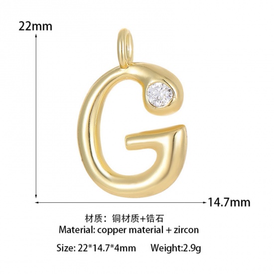 Imagen de 1 Unidad Latón Colgantes Letra Mayúscula Chapado en Oro de 14K Mensaje " G " Claro Circón Artificial 22mm x 14.7mm
