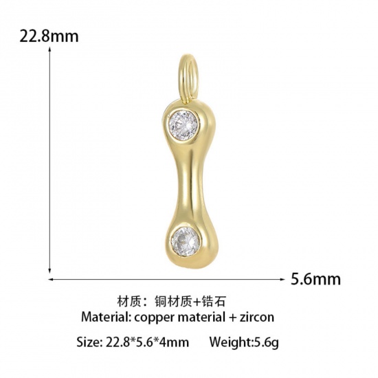 Imagen de 1 Unidad Latón Colgantes Letra Mayúscula Chapado en Oro de 14K Mensaje " I " Claro Circón Artificial 22.8mm x 5.6mm