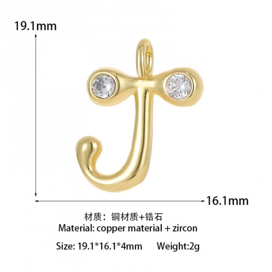 Imagen de 1 Unidad Latón Colgantes Letra Mayúscula Chapado en Oro de 14K Mensaje " J " Claro Circón Artificial 19.1mm x 16.1mm